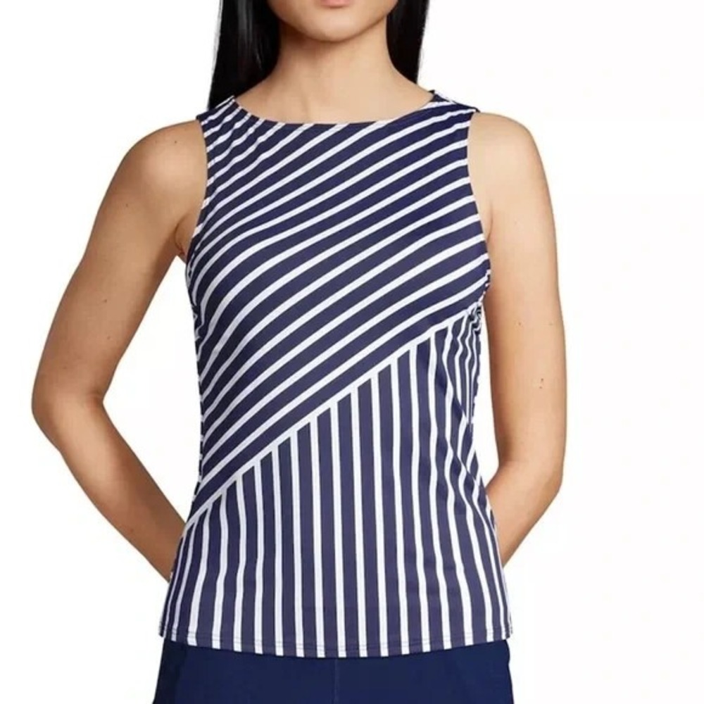 LANDS' END Women 4 UPF 50 Navy White Striped Tankini Top Nautical Beach‎ Coastal